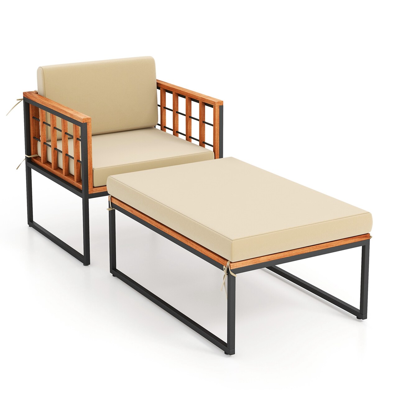 Costway 1/2 PCS Outdoor Furniture Set Patio Acacia Wood Armchair with Long Ottoman Cozy Seat
